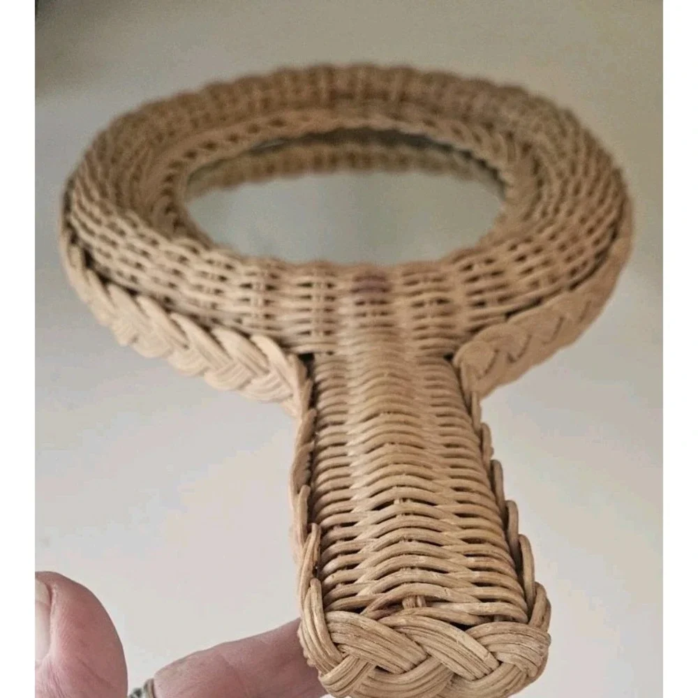 Wicker Rattan Hand Held Mirror Two Sided Vintage 1970's Woven/Braided